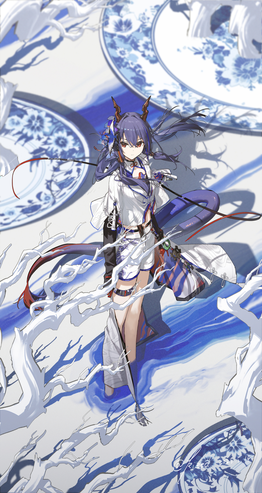 1girl, absurdres, arknights, black_sleeves, blue_flower, blue_hair, ch'en_(ambience_synesthesia_2025)_(arknights), ch'en_(arknights)