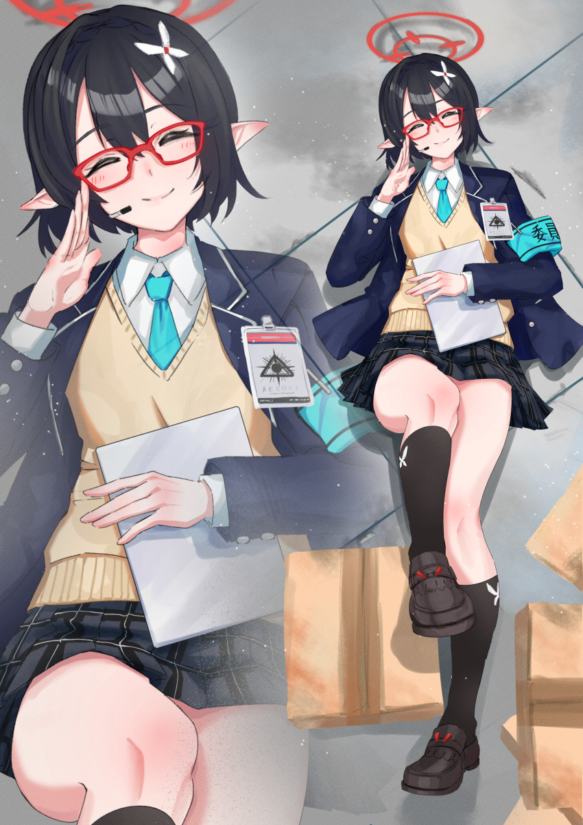 1girl, absurdres, armband, ayane_(blue_archive), black_shoes, black_skirt, black_socks, blue_archive