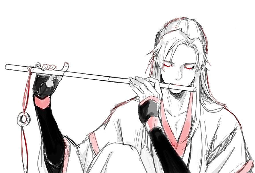 1boy, black_sleeves, chinese_clothes, closed_mouth, collarbone, dizi, eyelashes, flute