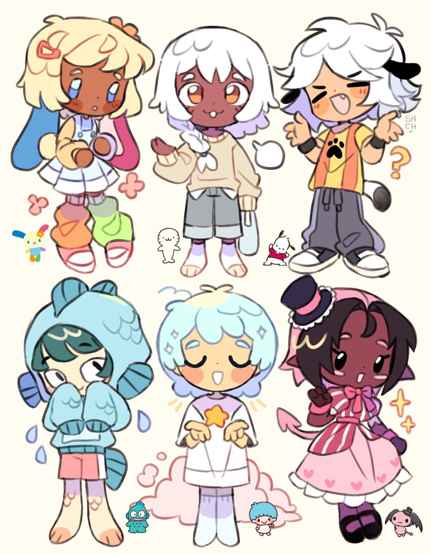 1other, 2girls, 3boys, androgynous, animal_ears, black_hair, blonde_hair, blue_eyes