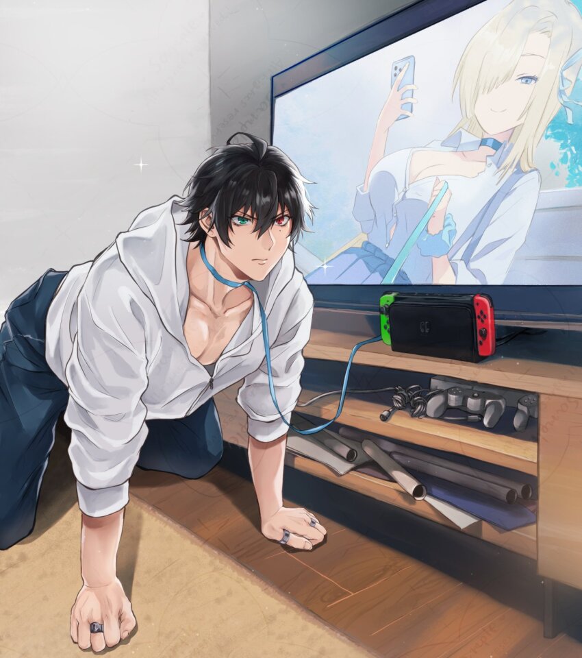 1boy, 1girl, ahoge, all_fours, asuna_(blue_archive), asuna_(school_uniform)_(blue_archive), black_hair, blonde_hair, blue_archive, blue_choker, blue_pants, blue_ribbon, blue_skirt, breasts, button_gap, cabinet, carpet, cellphone, choker, cleavage, closed_mouth, collared_shirt, commentary_request, controller, crossover, curtained_hair, dress_shirt, femdom, flat_screen_tv, fourth_wall, game_controller, green_eyes, gyaru, hair_between_eyes, hair_over_one_eye, hair_ribbon, hands_on_floor, hetero, heterochromia, highres, holding, holding_leash, holding_phone, hood, hood_down, hooded_jacket, hypnosis, hypnosis_mic, indoors, jacket, jewelry, kawo-ri, kogal, large_breasts, leash, masochism, meta, middle_ring, mind_control, mole, mole_under_eye, multiple_rings, nintendo_switch, one_eye_covered, otaku, pants, partially_unbuttoned, pectoral_cleavage, pectorals, pet_play, phone, photo-referenced, pleated_skirt, red_eyes, ribbon, ring, school_uniform, scrunchie, shirt, shirt_tucked_in, skirt, sleeves_rolled_up, smartphone, smile, sparkle, television, three-quarter_sleeves, thumb_ring, v-shaped_eyebrows, white_jacket, white_shirt, wooden_floor, wrist_scrunchie, yamada_ichiro, zipper