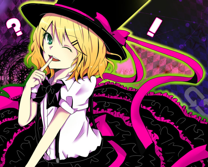 !, 1girl, ?, blonde_hair, blouse, bonus_stage_(vocaloid), bow, bowtie