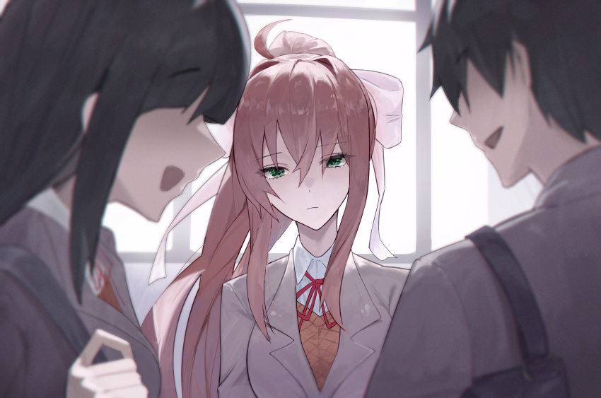 1boy, 2girls, :d, absurdres, bag, black_hair, blank_eyes, blank_stare, blazer, blurry, blurry_foreground, blush, bow, breasts, brown_hair, closed_mouth, collared_shirt, depth_of_field, doki_doki_literature_club, doki_doki_literature_club_school_uniform, green_eyes, grey_jacket, hair_between_eyes, hair_bow, hair_ornament, hair_ribbon, happy, highres, indoors, jacket, jealous, large_breasts, long_hair, long_sleeves, monika_(doki_doki_literature_club), multiple_girls, neck_ribbon, no_eyes, open_mouth, orange_sweater_vest, orange_vest, ponytail, protagonist_(doki_doki_literature_club), red_ribbon, ribbon, sad, school_uniform, shirt, short_hair, shoulder_bag, sidelocks, smile, sweater_vest, upper_body, vest, vyva, white_bow, white_ribbon, wind, window, yuri_(doki_doki_literature_club)