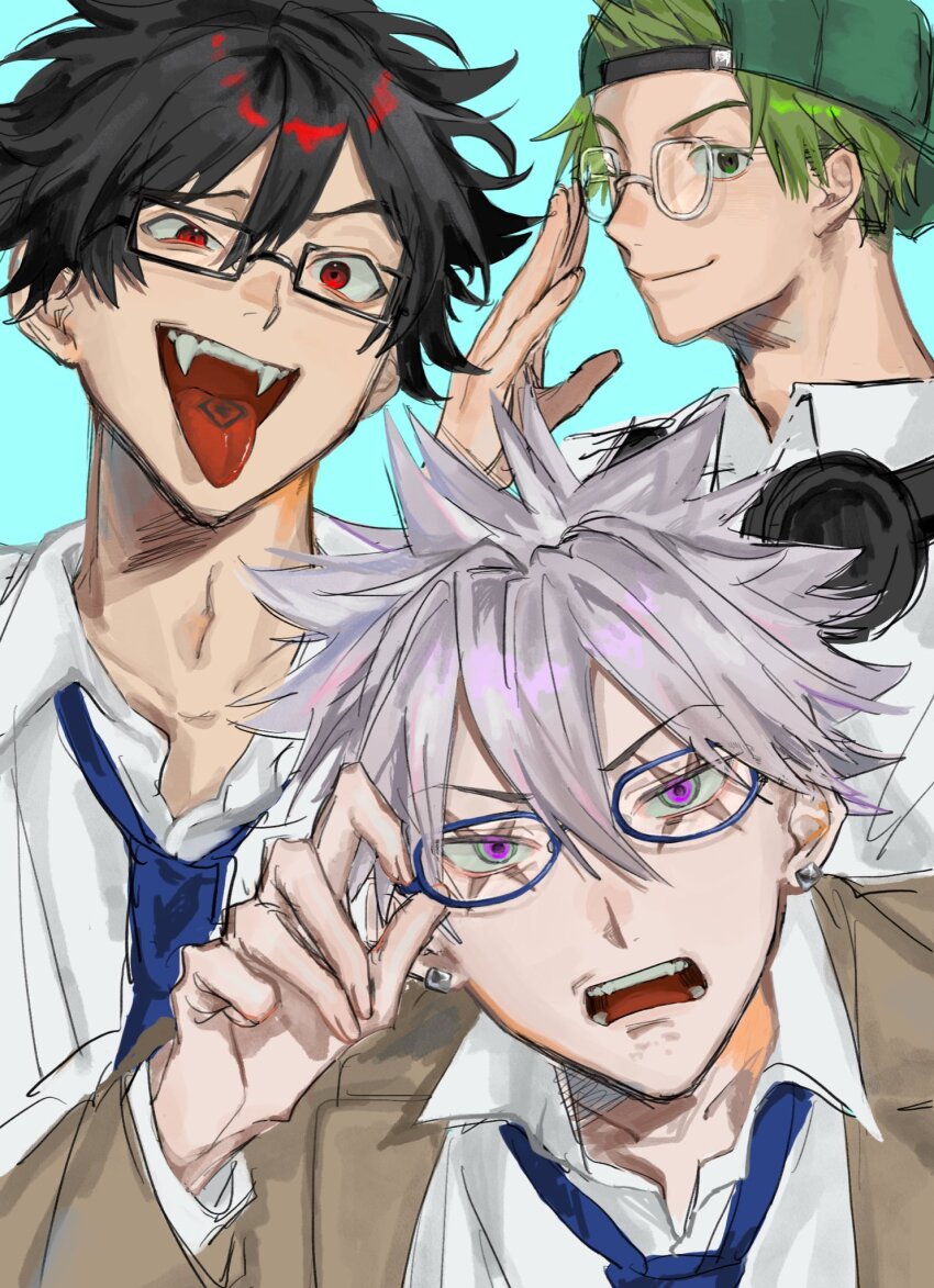 3boys, black_hair, blue_background, blue_necktie, cross_scar, earrings, fangs, flat_cap, glasses, green_eyes, green_hair, hair_between_eyes, hat, headphones, headphones_around_neck, highres, jewelry, kabu16, kanzaki_kaoru, kotaro_tamon, long_sleeves, looking_at_viewer, male_focus, mogari_shishikuno, multiple_boys, necktie, phantom_busters, red_eyes, scar, shirt, short_hair, simple_background, sketch, smile, teeth, tongue, tongue_out, white_hair, white_shirt