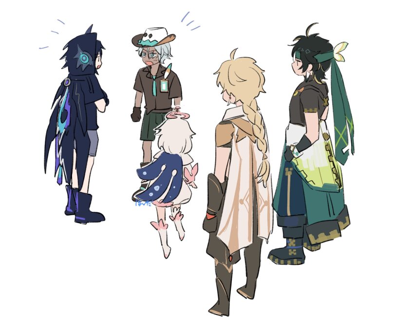 1girl, 4boys, aether_(genshin_impact), aged_down, ahoge, animal_ears, aqua_pants, bat_ears