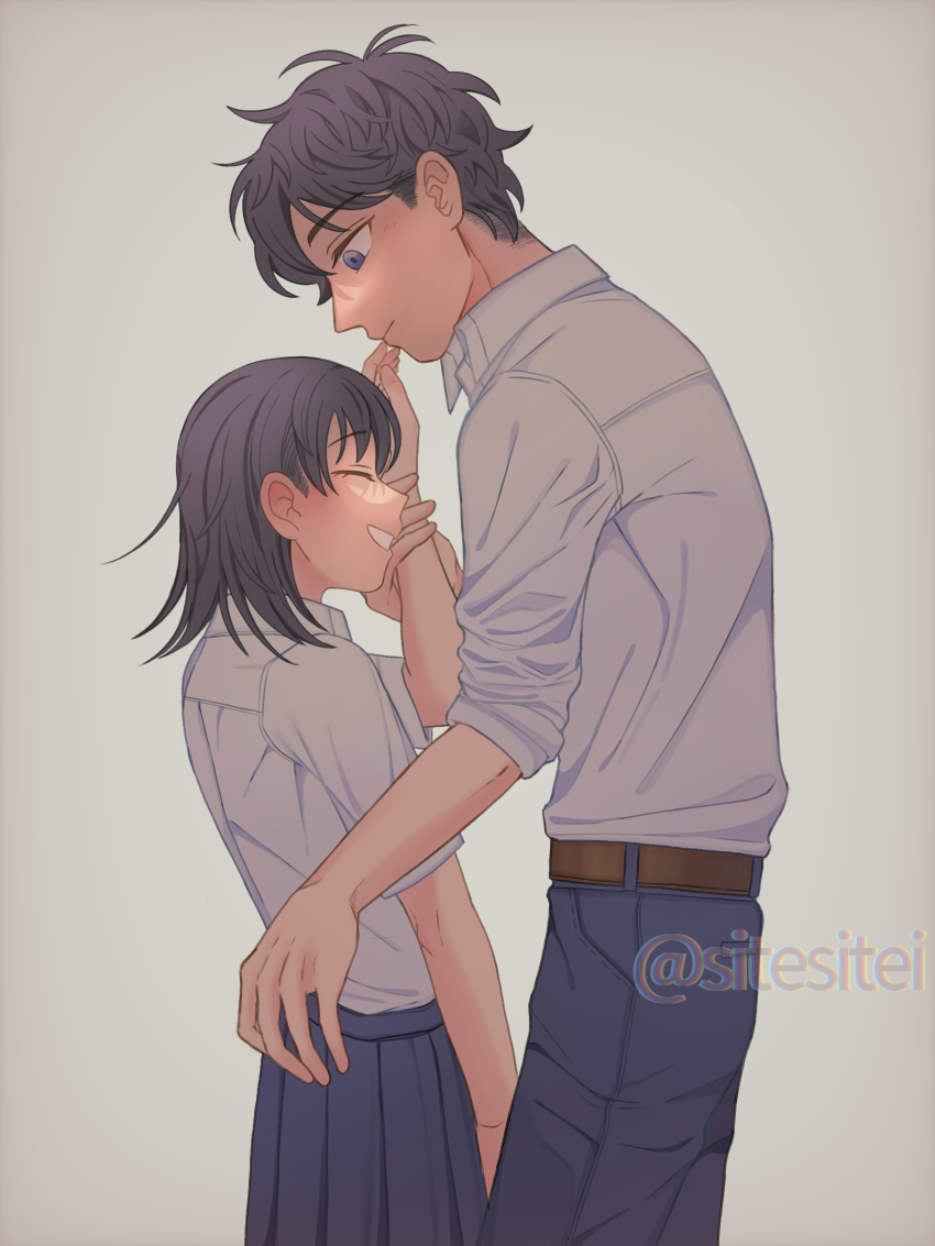 1boy, 1girl, absurdres, belt, black_hair, blue_eyes, blue_skirt, closed_eyes