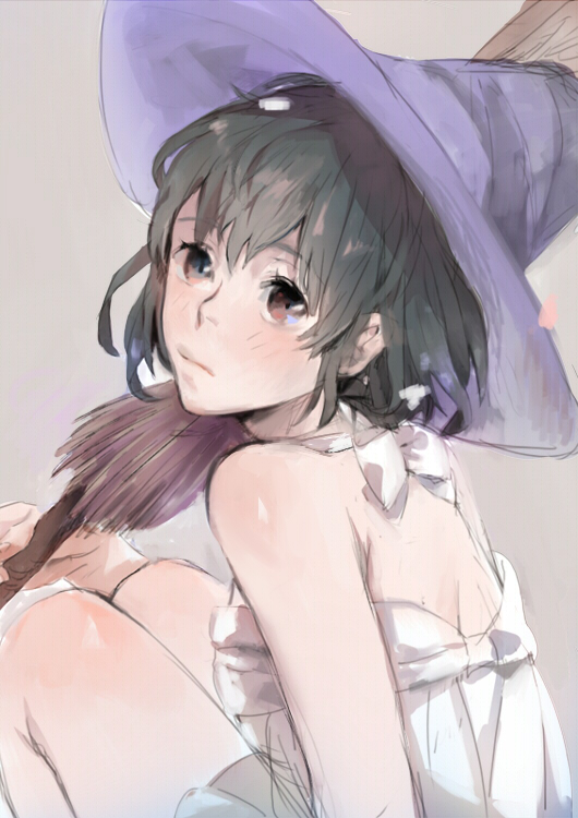 1girl, black_hair, broom, dress, female_focus, hat, lambmam, mura_(lambmam)