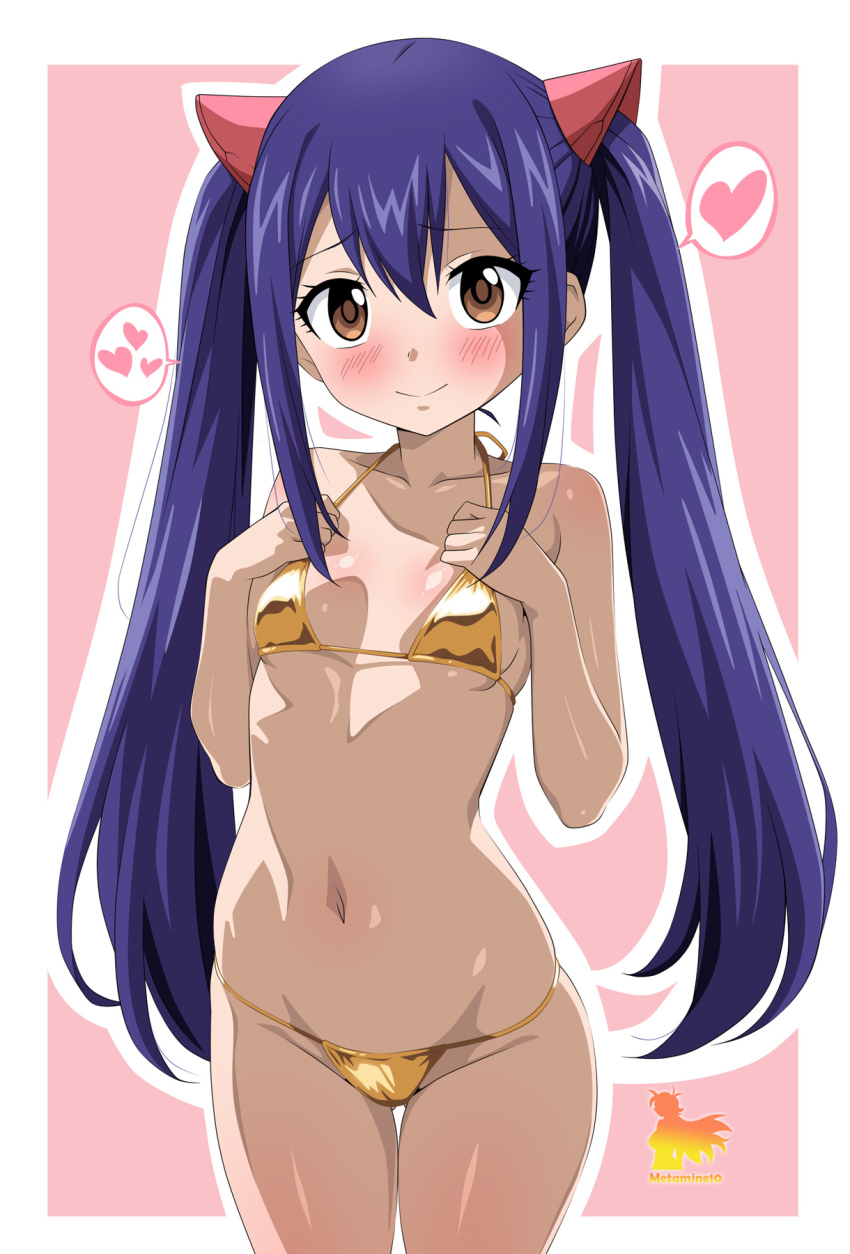 1girl, bikini, blue_hair, border, breasts, brown_eyes, cowboy_shot, fairy_tail, gold_bikini, heart, highres, loli, long_hair, looking_at_viewer, metaminegl, navel, pink_background, simple_background, small_breasts, solo, spoken_heart, stomach, swimsuit, twintails, wendy_marvell, white_border