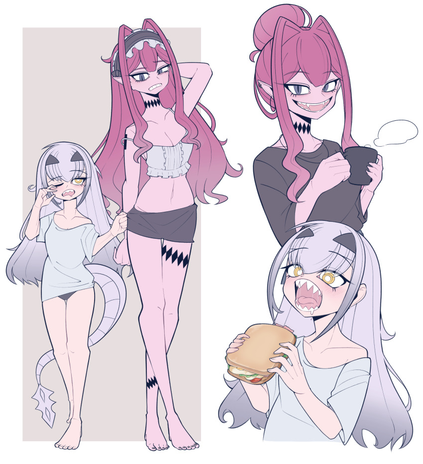 2girls, baobhan_sith_(fate), barefoot, black_shirt, breasts, cup, fangs, fate/grand_order