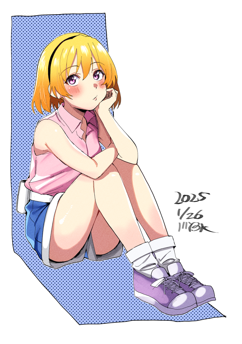 1girl, belt, blonde_hair, blush, collared_shirt, commentary_request, dated, denim