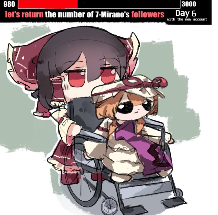 2girls, 7-mirano, artist_name, black_hair, bow, closed_mouth, detached_sleeves, english_text, fumbo_(doll), fumo_(doll), green_background, hair_bow, hakurei_reimu, hat, highres, light_blush, meme, mob_cap, multiple_girls, pushing, red_bow, red_eyes, simple_background, sitting, standing, touhou, walking, wheelchair, white_background, yakumo_yukari