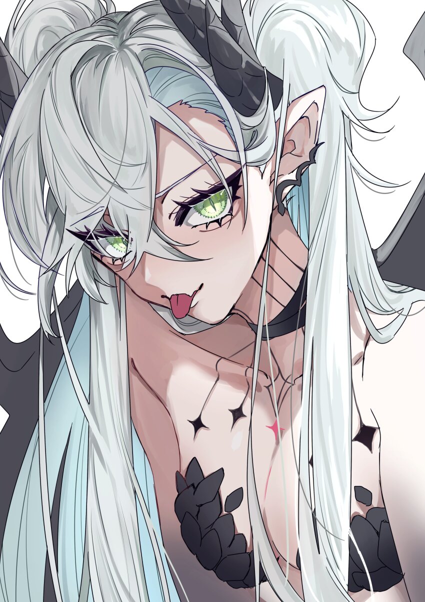 1girl, absurdres, black_choker, breasts, choker, demon_wings, fangs, fate/grand_order, fate_(series), green_eyes, highres, horns, lilith_(fate), long_hair, looking_at_viewer, pointy_ears, sakaminesawako, skin_fangs, solo, tongue, tongue_out, upper_body, white_background, white_hair, wings