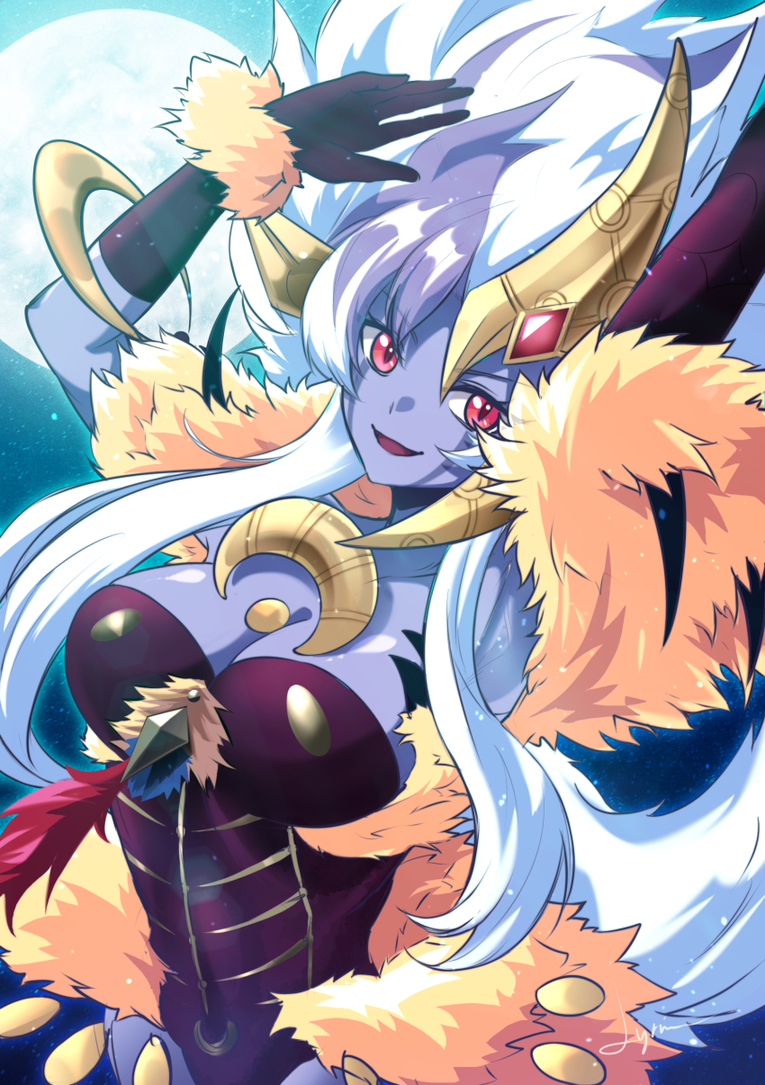 1girl, absurdres, breasts, colored_skin, duel_monster, facial_mark, full_moon, fur_collar