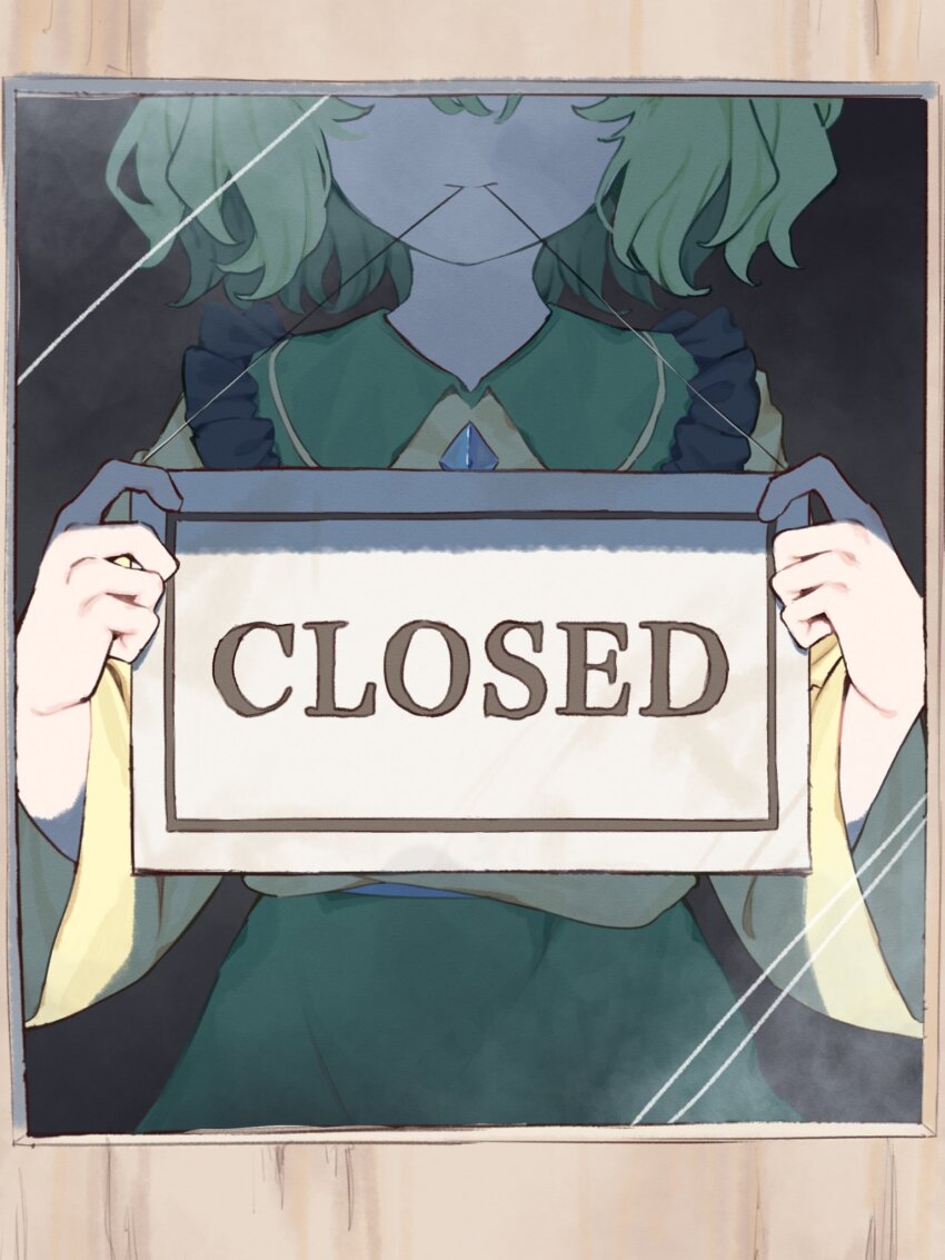 1girl, buttons, closed_sign, covered_face, diamond_button, frilled_shirt_collar, frills, garasuno