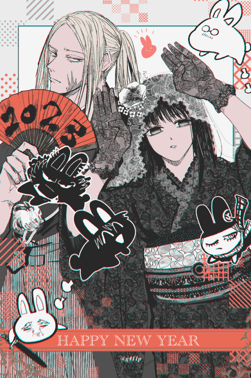 1boy, 1girl, 411_(g411p), black_hair, black_kimono, facial_scar, flower, folding_fan