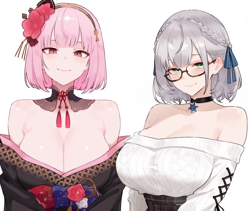 2girls, absurdres, armpit_crease, bare_shoulders, black_choker, black_kimono, bluefield, blush, bob_cut, braid, breasts, brown_hairband, brown_skirt, choker, cleavage, closed_mouth, commentary, english_commentary, flower, glasses, green_eyes, grey_hair, hair_flower, hair_ornament, hairband, half_up_braid, half_updo, high-waist_skirt, highres, hololive, hololive_english, huge_breasts, japanese_clothes, jewelry, kanzashi, kimono, looking_at_viewer, medium_hair, mori_calliope, mori_calliope_(new_year), multiple_girls, off-shoulder_sweater, off_shoulder, official_alternate_costume, official_alternate_hair_length, official_alternate_hairstyle, parted_hair, pendant, pink_eyes, pink_flower, pink_hair, plaid_clothes, plaid_skirt, ribbed_sweater, semi-rimless_eyewear, shiny_skin, shirogane_noel, shirogane_noel_(casual), short_hair, simple_background, skirt, smile, snowflake_pendant, sweater, sweater_tucked_in, tassel, teeth, upper_teeth_only, virtual_youtuber, white_background, white_sweater