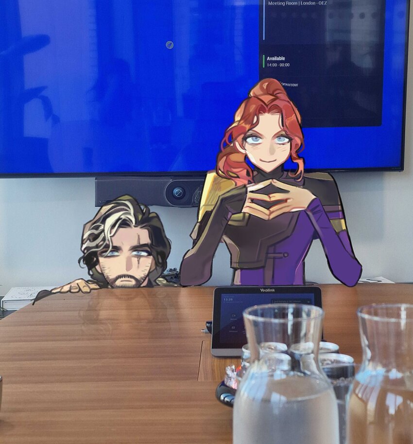 1boy, 1girl, black_hair, blue_eyes, can, clair_obscur:_expedition_33, elbow_rest, gotgamewhere, highres, indoors, looking_at_viewer, maelle_(clair_obscur:_expedition_33), multicolored_hair, photo-referenced, photo_background, ponytail, red_hair, short_hair, smile, steepled_fingers, table, two-tone_hair, upper_body, verso_(clair_obscur:_expedition_33)