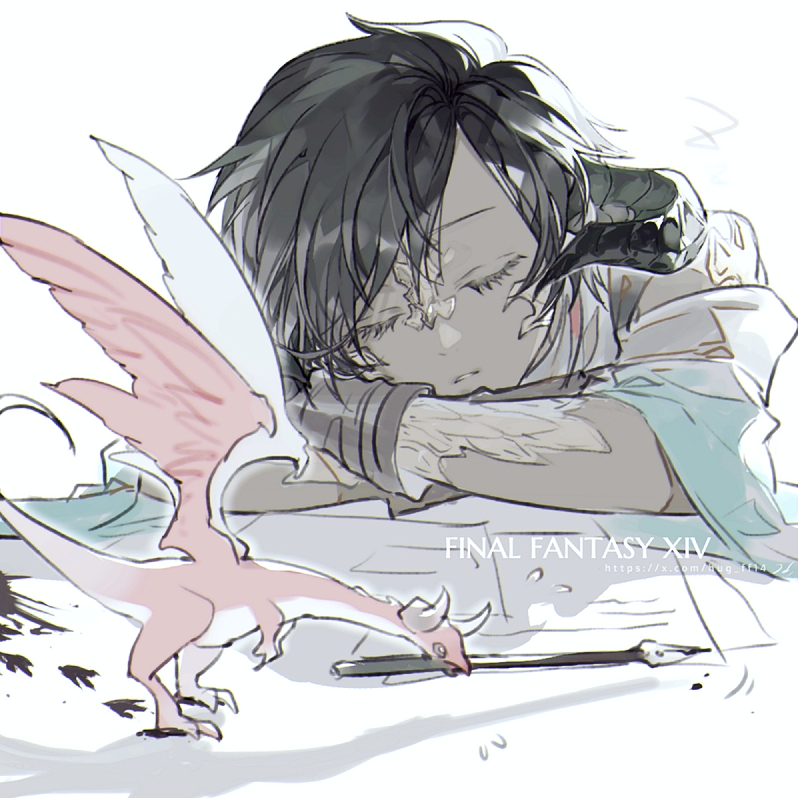 1boy, au_ra, azdaja_(ff14), black_hair, brother_and_sister, closed_eyes, copyright_name, dragon