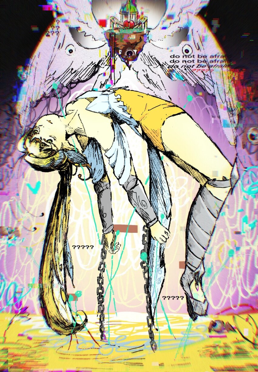 2girls, angel, angel_wings, armored_boots, biblically_accurate_angel, boots, breasts, colored_skin, cookie_run, cookie_run:_kingdom, eternal_sugar_cookie, feathered_wings, floating_hair, glitch, highres, horror_(theme), leotard, long_hair, multiple_girls, pointy_ears, rerainappin, small_breasts, sugarfly_cookie, wings, yellow_leotard, yellow_skin