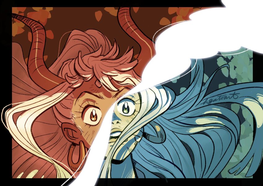 1girl, artist_name, bandaid, bandaid_on_face, black_border, border, close-up, commentary, earrings, english_commentary, eyelashes, floating_hair, hgatoart, highres, horns, jewelry, one_piece, open_mouth, ponytail, red_horns, sidelocks, solo, v-shaped_eyebrows, yamato_(one_piece)