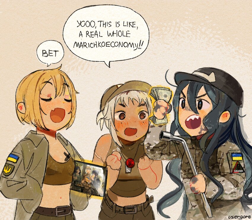 3girls, ahoge, azov_battalion, bad_link, bad_twitter_link, blonde_hair, blush, breasts