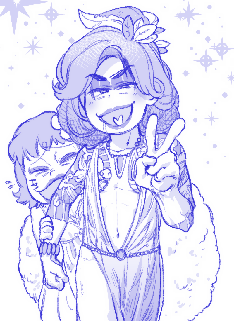 2boys, belt, blue_theme, bracelet, chibita, closed_mouth, crossdressing, crossdressing_(mtf)