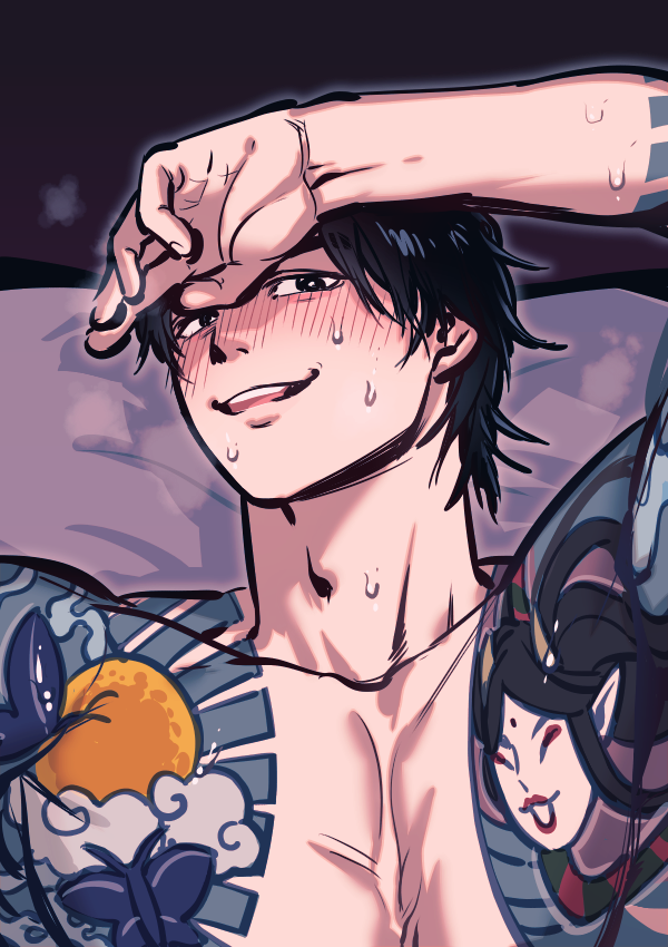 1boy, alternate_hairstyle, blush, breath, hand_on_own_forehead, irezumi, looking_at_viewer, male_focus