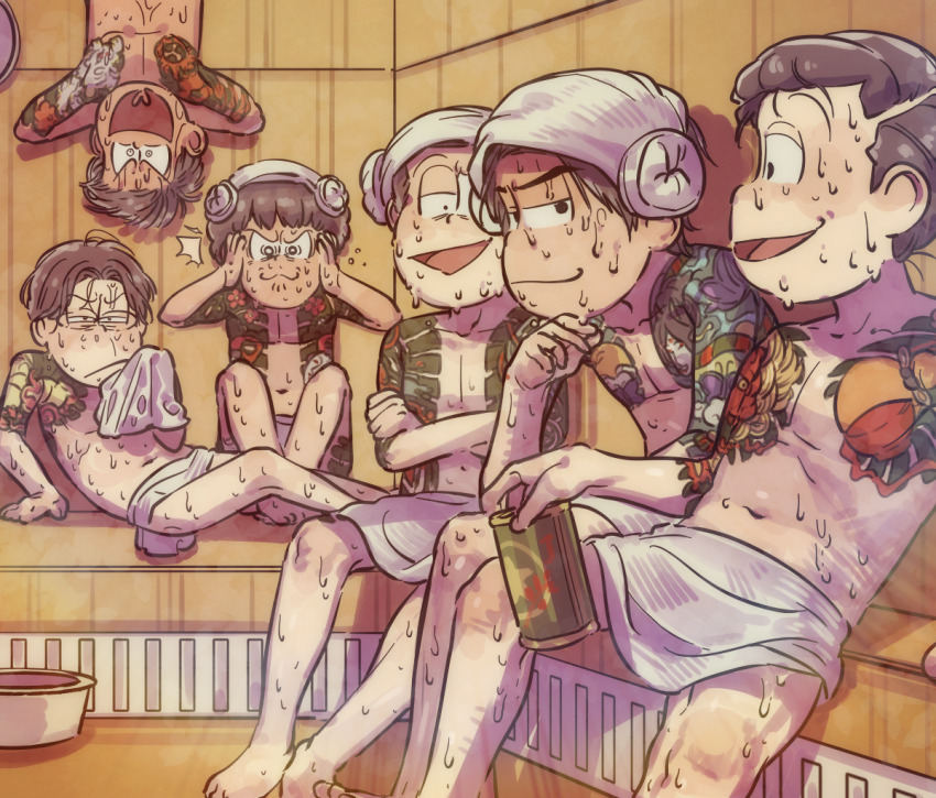 6+boys, ^^^, alternate_hairstyle, beer_can, can, covering_own_ears, drink_can, full-body_blush