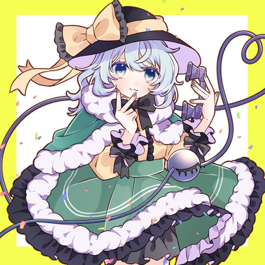 1girl, :3, black_bow, black_bowtie, black_hat, border, bow, bowtie, capelet, center_frills, confetti, emico, frilled_bow, frilled_skirt, frilled_sleeves, frills, fur-trimmed_capelet, fur-trimmed_skirt, fur_trim, green_capelet, green_eyes, green_hair, green_nails, green_skirt, hat, hat_bow, hat_ribbon, heart, heart_of_string, highres, holding, holding_phone, koishi_day, komeiji_koishi, phone, ribbon, shirt, skirt, third_eye, touhou, v, v_over_mouth, white_background, wrist_bow, yellow_border, yellow_bow, yellow_ribbon, yellow_shirt
