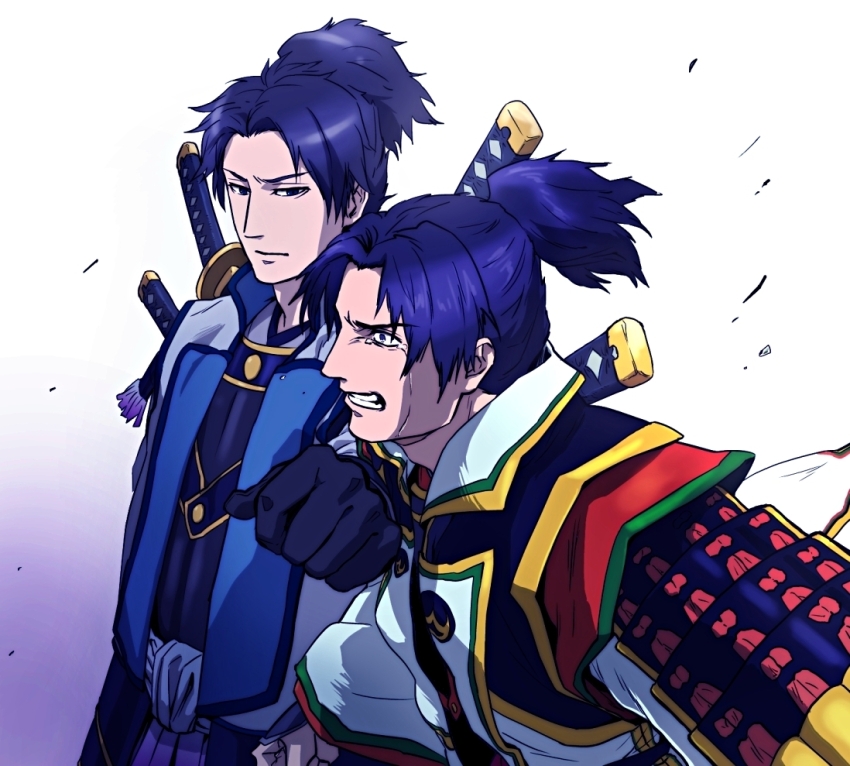 armor, black_hair, coat, crying, japanese_clothes, katana, kimono, naoe_kanetsugu_(sengoku_musou), sengoku_musou, sword, tears, topknot, uesugi_kagekatsu_(sengoku_musou), weapon