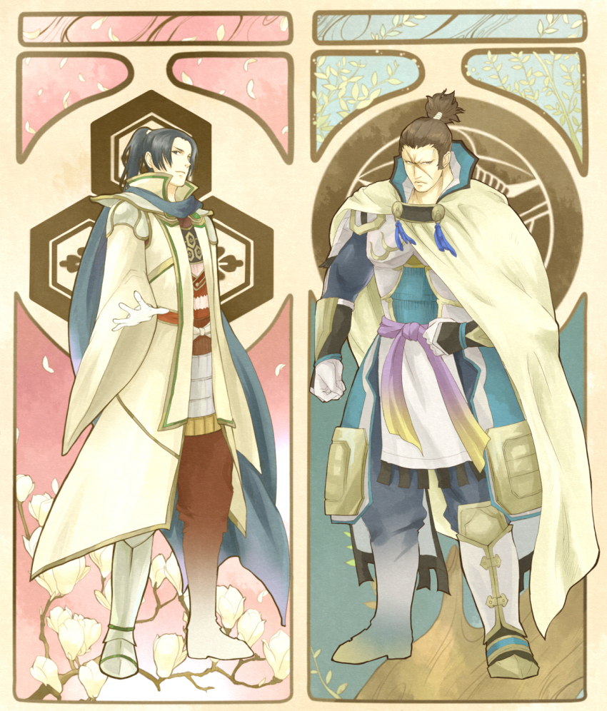 armor, black_hair, boots, brown_hair, cloak, highres, kapanese_clothes, naoe_kanetsugu_(sengoku_musou)