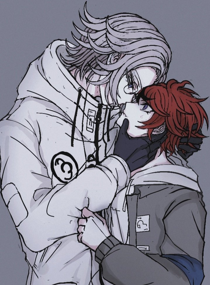 2boys, aotsuki_eito, black_gloves, black_hair, blue_eyes, blue_jacket, covered_mouth, eye_contact