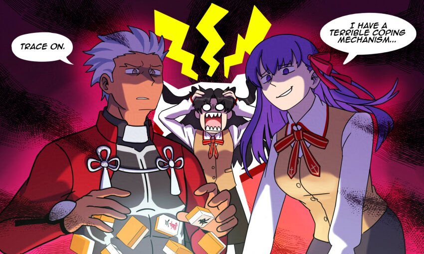 1boy, 2girls, archer_(fate), black_hair, black_shirt, black_skirt, bow, bowtie