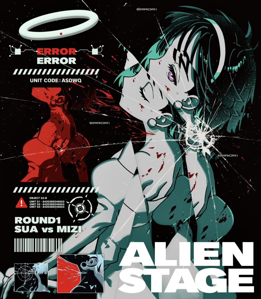 17ioxn, 1girl, alien_stage, black_hair, blood, bob_cut, character_name, closed_eyes, copyright_name, crack, cracked_glass, crosshair, earrings, english_text, error_message, hairband, highres, jewelry, purple_eyes, short_hair, solo, sphere_earrings, sua_(alien_stage), yuurei_(0530sinsatona)