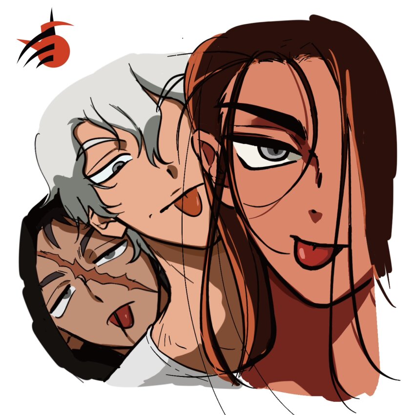 17ioxn, 1girl, 2boys, alien_stage, brown_hair, dark-skinned_female, dark-skinned_male, dark_skin