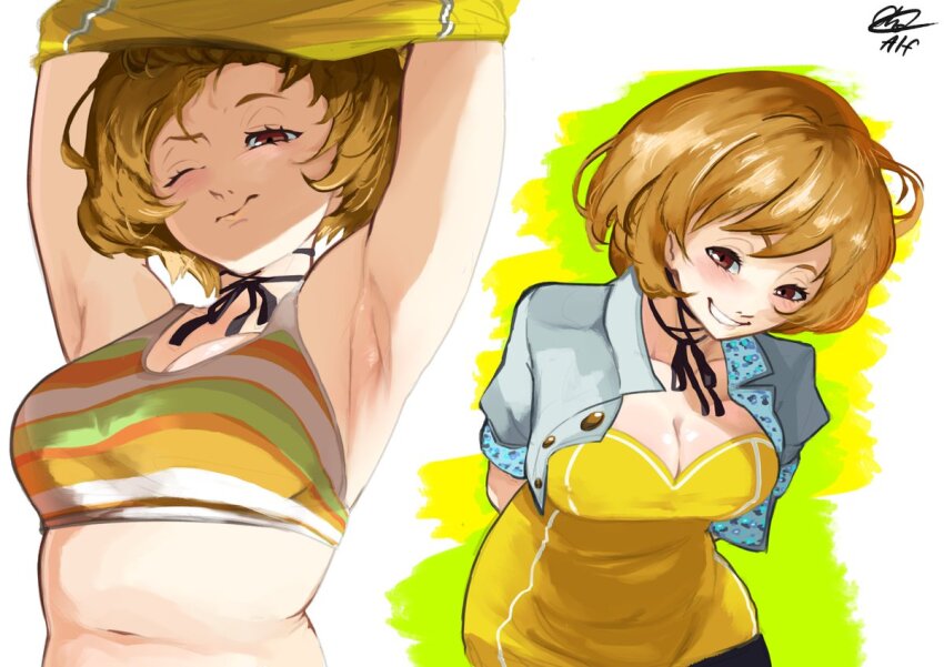 1girl, alfdavinchi, armpits, arms_behind_back, arms_up, belly, black_ribbon, bob_cut, breasts, brown_eyes, brown_hair, cleavage, cropped_jacket, dress, grin, large_breasts, looking_at_viewer, midriff, multiple_views, navel, neck_ribbon, official_alternate_costume, one_eye_closed, persona, persona_4, persona_4_the_golden, ribbon, satonaka_chie, short_dress, short_hair, short_sleeves, smile, sports_bra, strapless, strapless_dress, striped_sports_bra, undressing, yellow_dress