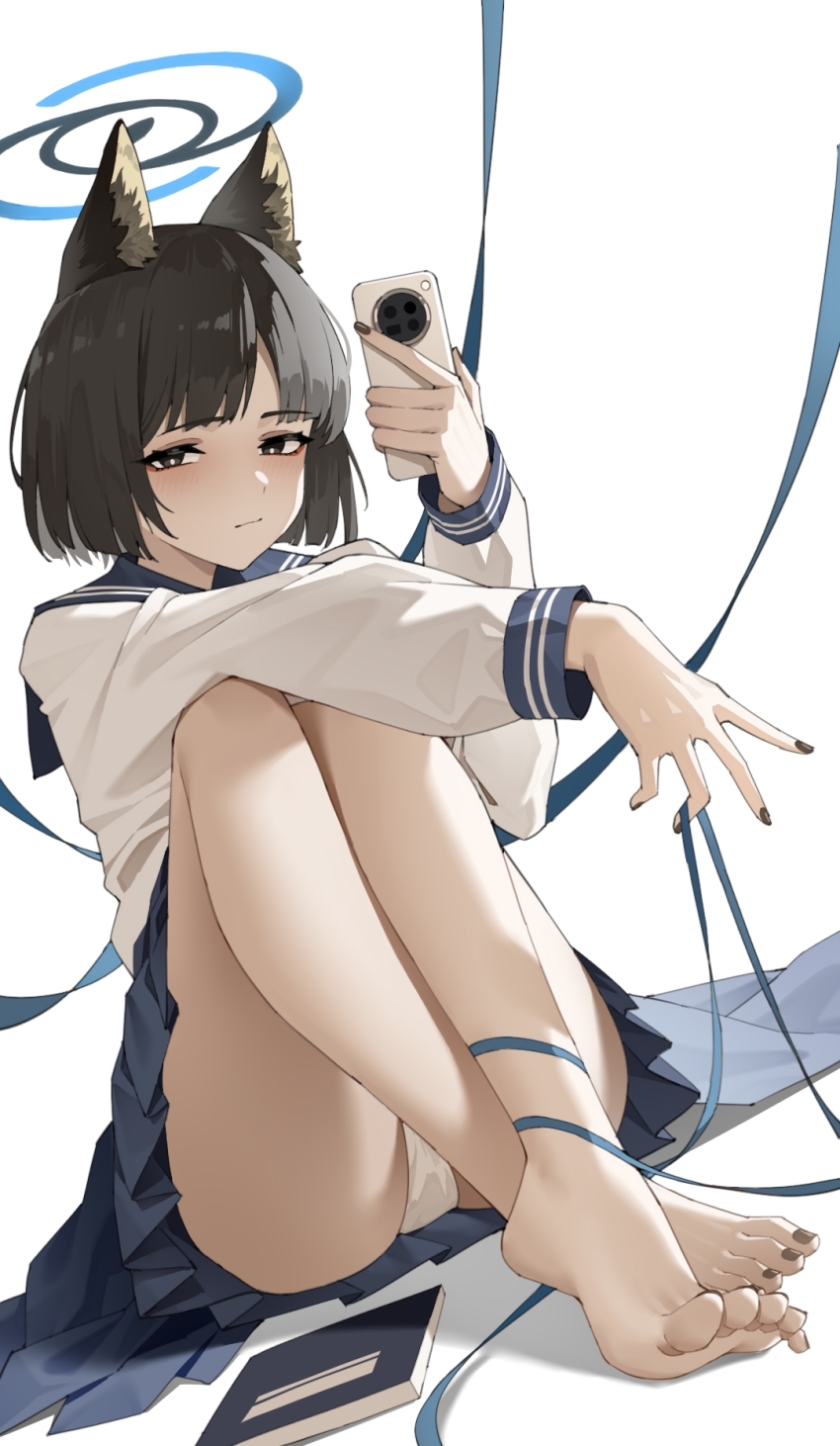 1girl, animal_ear_fluff, animal_ears, barefoot, black_hair, black_nails, blue_archive, blue_sailor_collar