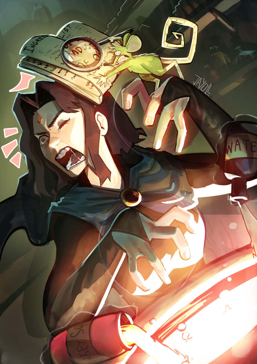 1girl, absurdres, artist_name, beast_boy_(dc), book, cauldron, commentary, dc_comics, english_commentary, forehead_jewel, green_fur, highres, jayoll_lacerda, magnifying_glass, mouse_(animal), one_eye_closed, open_mouth, raven_(dc), saliva, teen_titans