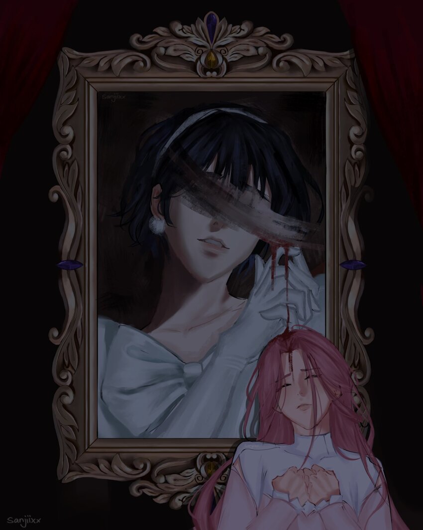 2girls, alien_stage, arm_cutout, black_hair, blood, closed_eyes, clothing_cutout, commentary