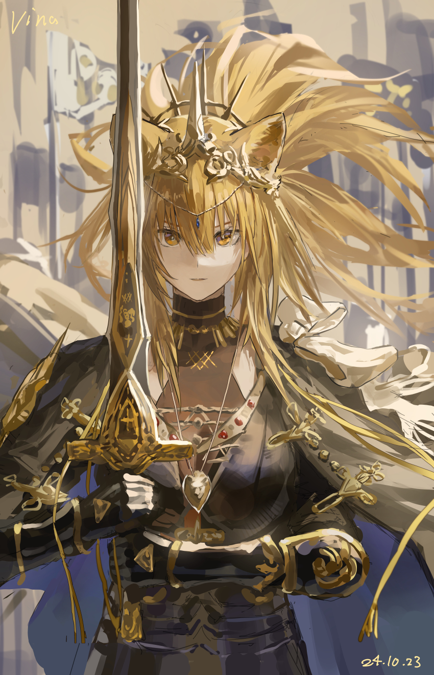 1girl, absurdres, animal_ear_fluff, arknights, black_cape, black_jacket, blonde_hair, cape