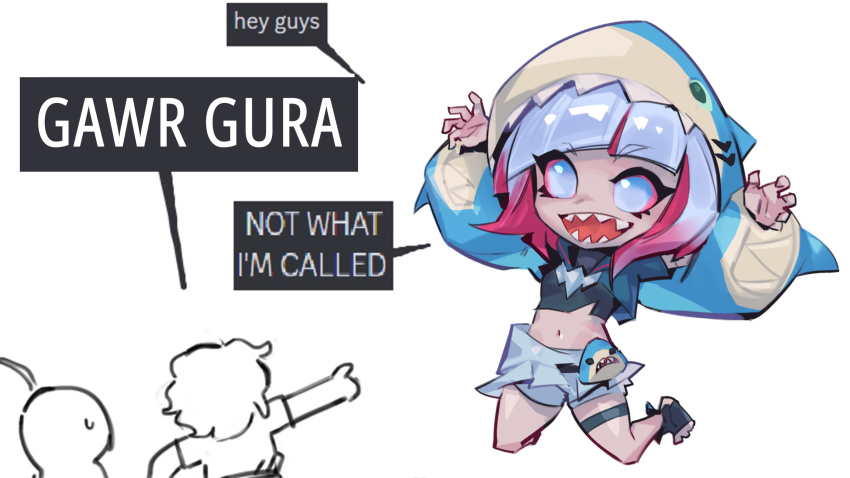 1girl, 3others, :d, arms_up, briar_(league_of_legends), colored_sclera, crop_top, diagonal_bangs