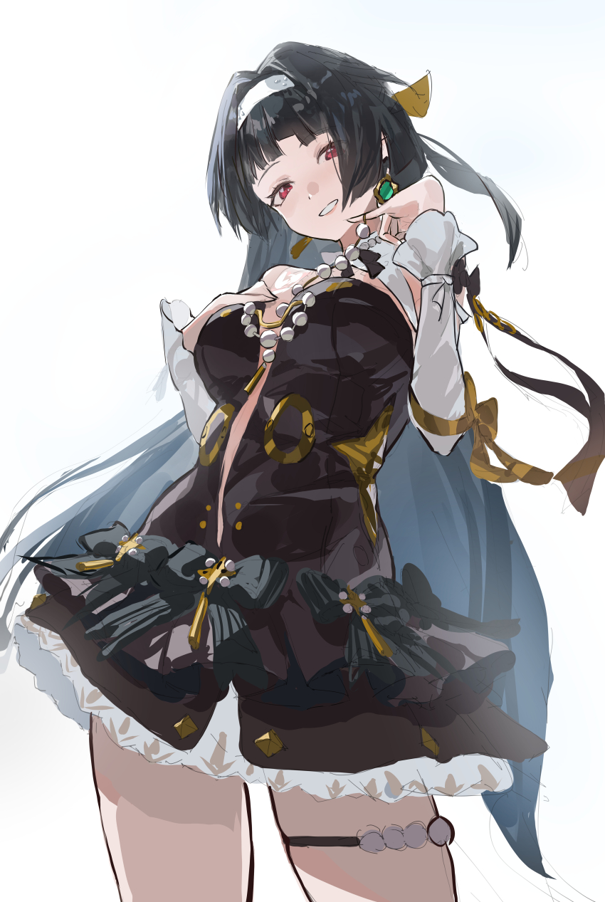 1girl, absurdres, astra_yao, bare_shoulders, bead_necklace, beads, black_dress, black_hair, bow, breasts, cleavage, cleavage_cutout, clothing_cutout, dress, earrings, gloves, green_bow, hairband, hand_on_own_chest, highres, jewelry, kkkaneko_1360685303, long_hair, looking_at_viewer, necklace, parted_lips, red_eyes, sidelocks, smile, solo, strapless, strapless_dress, white_gloves, white_hairband, zenless_zone_zero