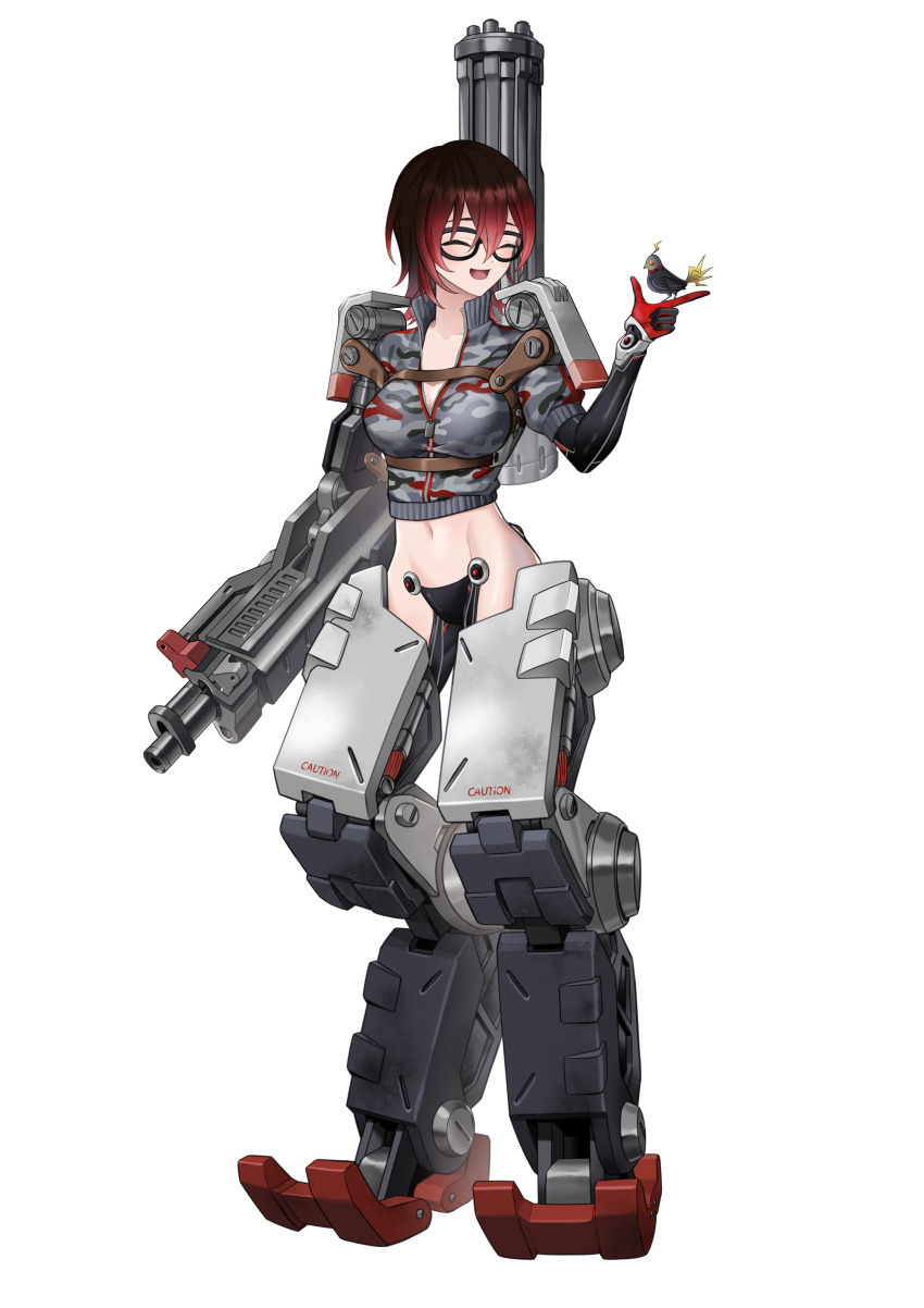 absurdres, android, bastion_(overwatch), bird, bird_on_hand, clothed_robot, cosplay, ganymede_(overwatch), gatling_gun, glasses, highres, hololive, mechanical_arms, mechanical_legs, minigun, nyacifer, overwatch, roboco-san, robot, virtual_youtuber