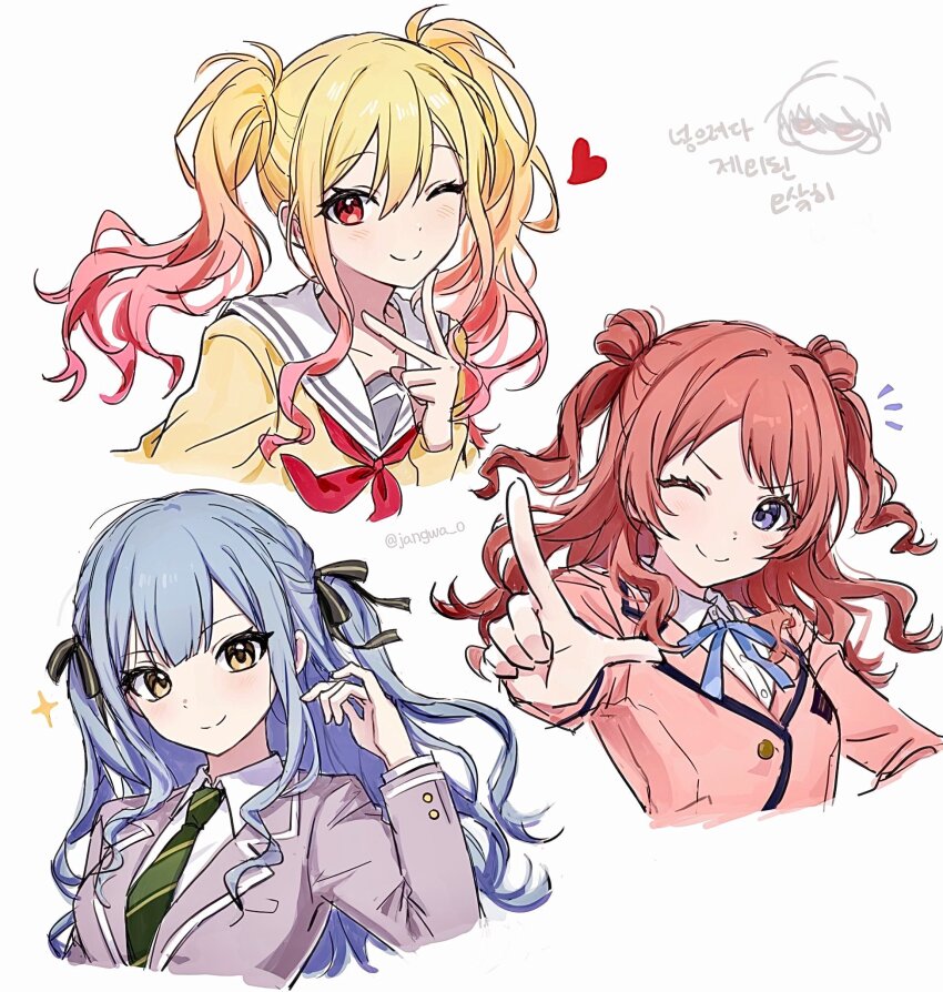 3girls, bang_dream!, bang_dream!_it's_mygo!!!!!, black_ribbon, blonde_hair, blue_hair, collared_shirt, diagonal-striped_clothes