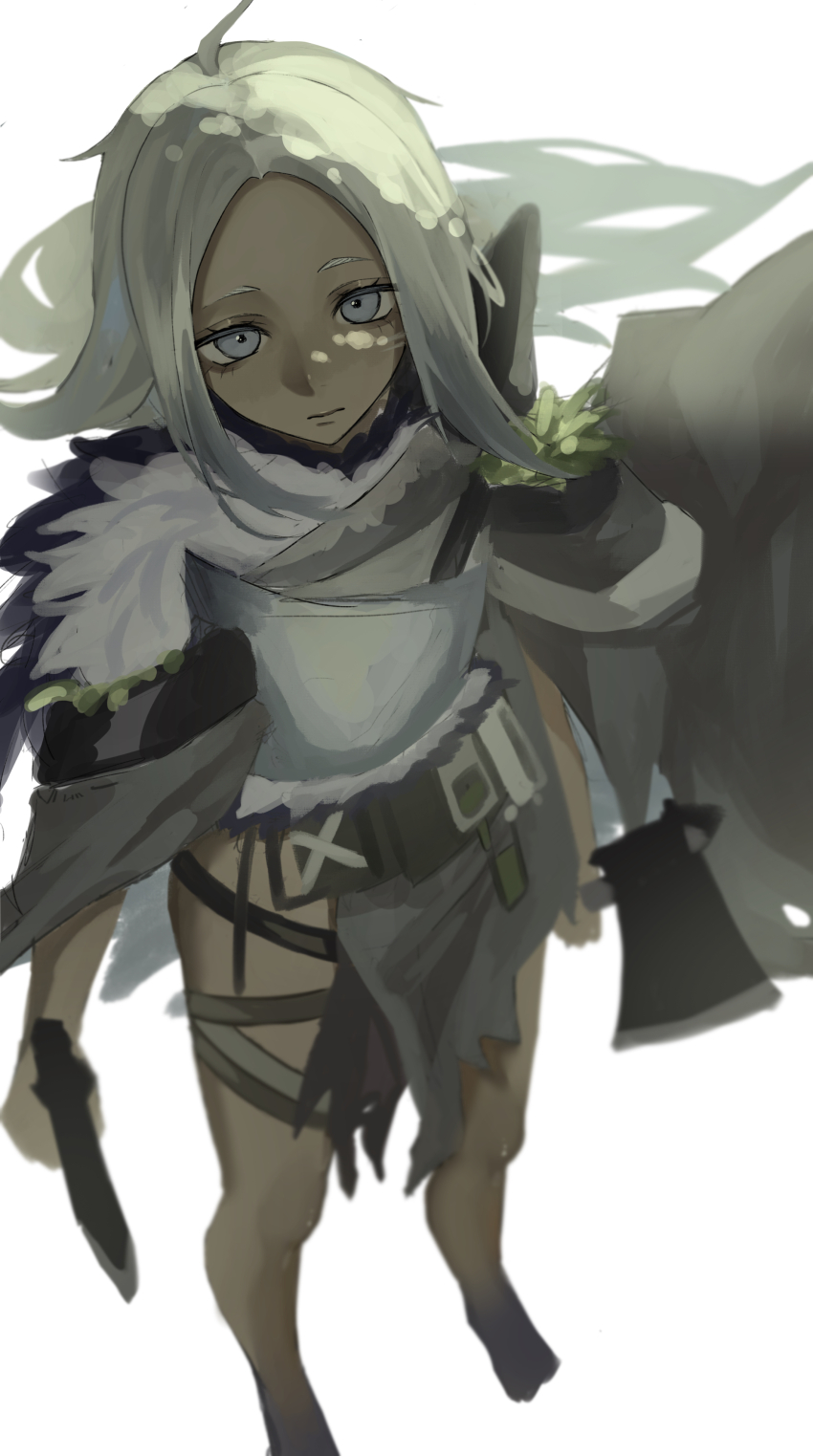 1girl, absurdres, arknights, armor, axe, barefoot, breastplate, closed_mouth, forehead, from_above, grey_eyes, grey_hair, highres, holding, holding_axe, inam_(arknights), long_hair, looking_at_viewer, looking_up, naruse_azusa, parted_bangs, pauldrons, shoulder_armor, simple_background, solo, standing, very_long_hair, white_background