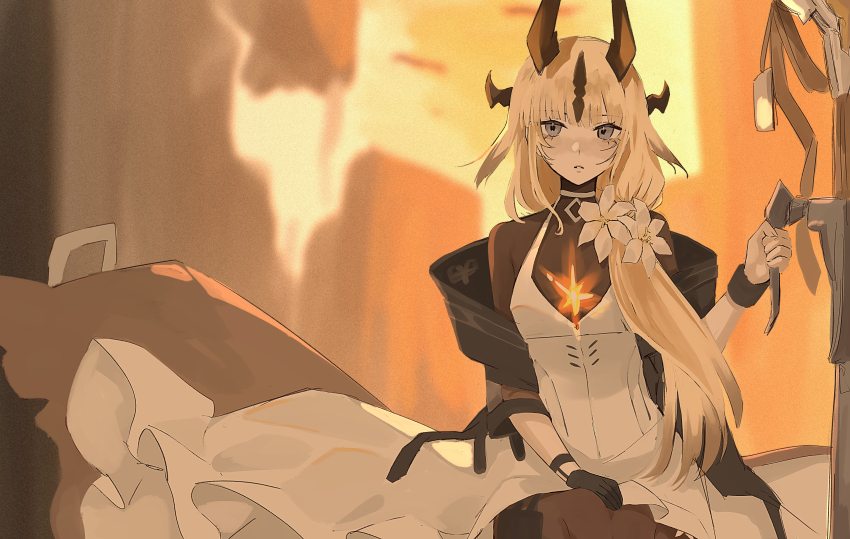 1girl, absurdres, arknights, black_gloves, blonde_hair, blurry, blurry_background, bodysuit