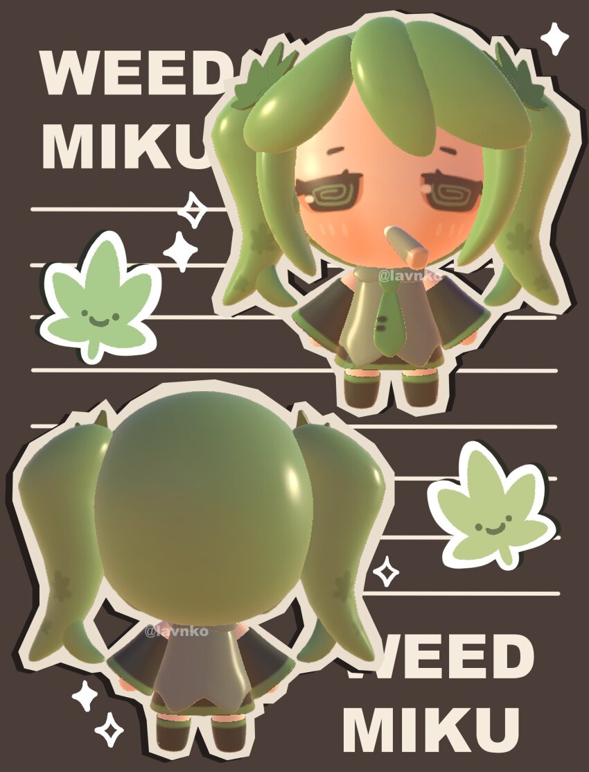1girl, 3d, @_@, absurdres, alternate_hair_color, alternate_hair_ornament, blush, cannabis_hair_ornament, cannabis_leaf, chibi, chibi_only, detached_sleeves, drugs, english_text, green_hair, hair_ornament, hatsune_miku, highres, joint_(drug), lavy_(lavnko), leaf_hair_ornament, marijuana, outline, smoking, sparkle, twintails, vocaloid, white_outline