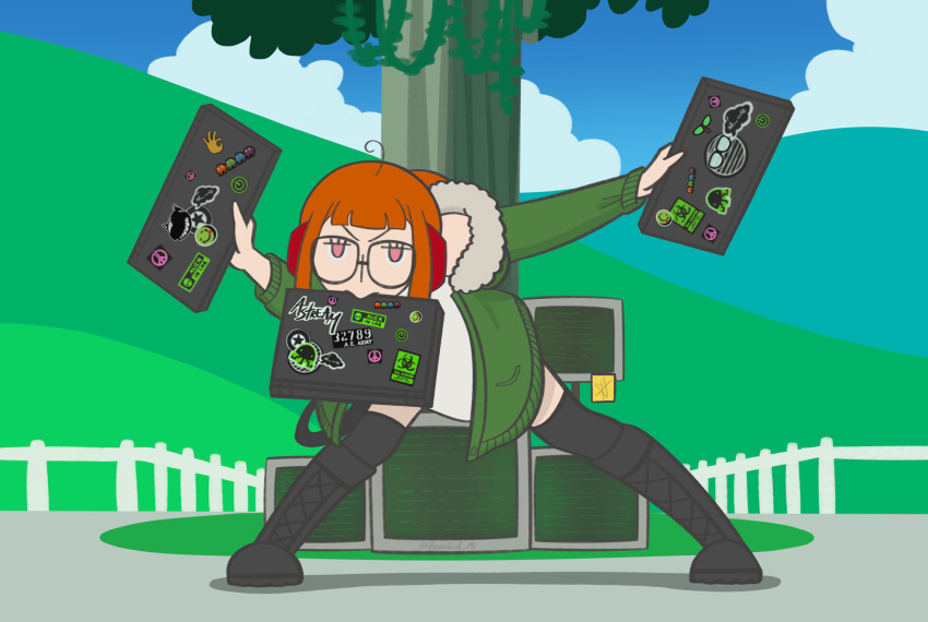 1girl, ahoge, biohazard_symbol, black_shoes, boots, computer, full_body, glasses, green_jacket, headphones, heisenbird, highres, holding, holding_laptop, jacket, laptop, mouth_hold, nintendo, ok_sign, orange_hair, peace_symbol, persona, persona_5, pokemon, pokemon_(anime), pokemon_the_series:_sun_&amp;_moon, power_symbol, sakura_futaba, scene_reference, shoes, solo