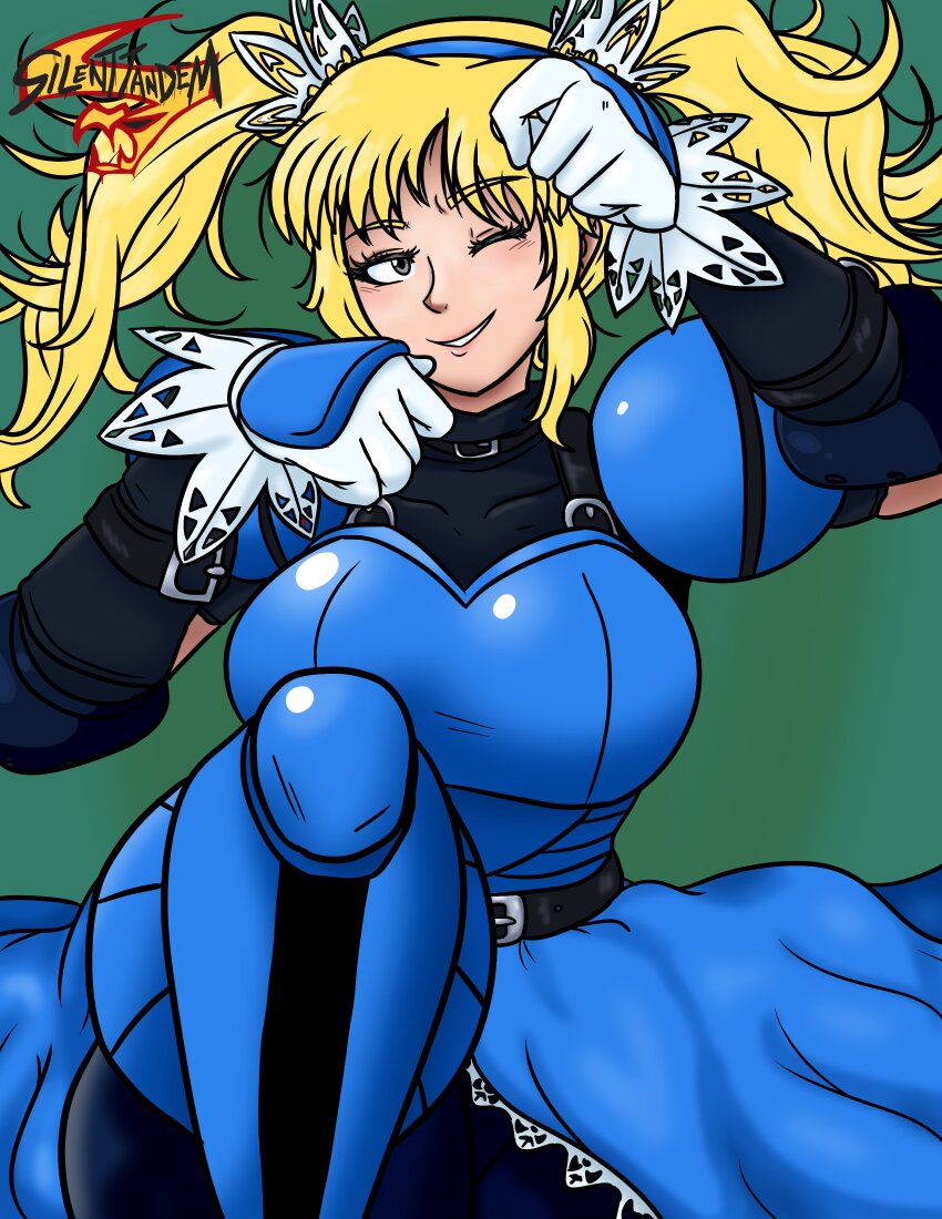 1girl, absurdres, alternate_color, armor, armored_dress, arms_up, artist_name, blonde_hair