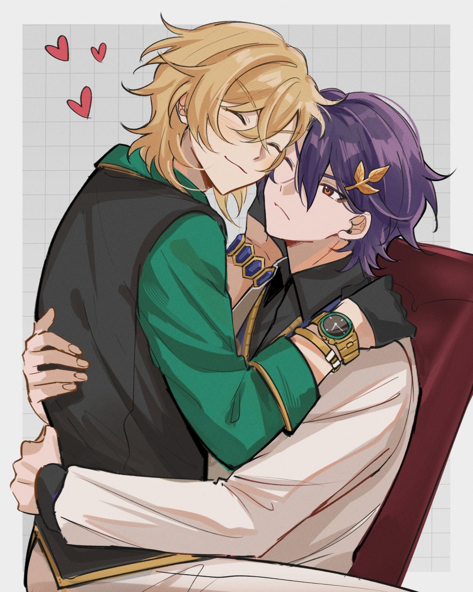 2boys, ^_^, aqua_shirt, aventurine_(final_victor)_(honkai:_star_rail), aventurine_(honkai:_star_rail), black_gloves, black_shirt, black_vest, blonde_hair, blue_sweater_vest, blush, border, bracelet, chair, cheek-to-cheek, closed_eyes, closed_mouth, coat, collared_shirt, commentary, crossed_bangs, dr._ratio_(academia)_(honkai:_star_rail), dr._ratio_(honkai:_star_rail), english_commentary, frown, gloves, grey_background, grid_background, hair_between_eyes, hair_ornament, half_gloves, heads_together, heart, highres, honkai:_star_rail, honkai_(series), hug, jewelry, lab_coat, long_sleeves, looking_at_another, male_focus, meronppaii, multiple_boys, official_alternate_costume, on_chair, one_eye_closed, open_clothes, open_coat, outside_border, parted_bangs, purple_hair, red_eyes, shirt, short_hair, sitting, sitting_on_lap, sitting_on_person, smile, sweater_vest, v-shaped_eyebrows, vest, watch, white_border, white_coat, wing_collar, wristwatch, yaoi